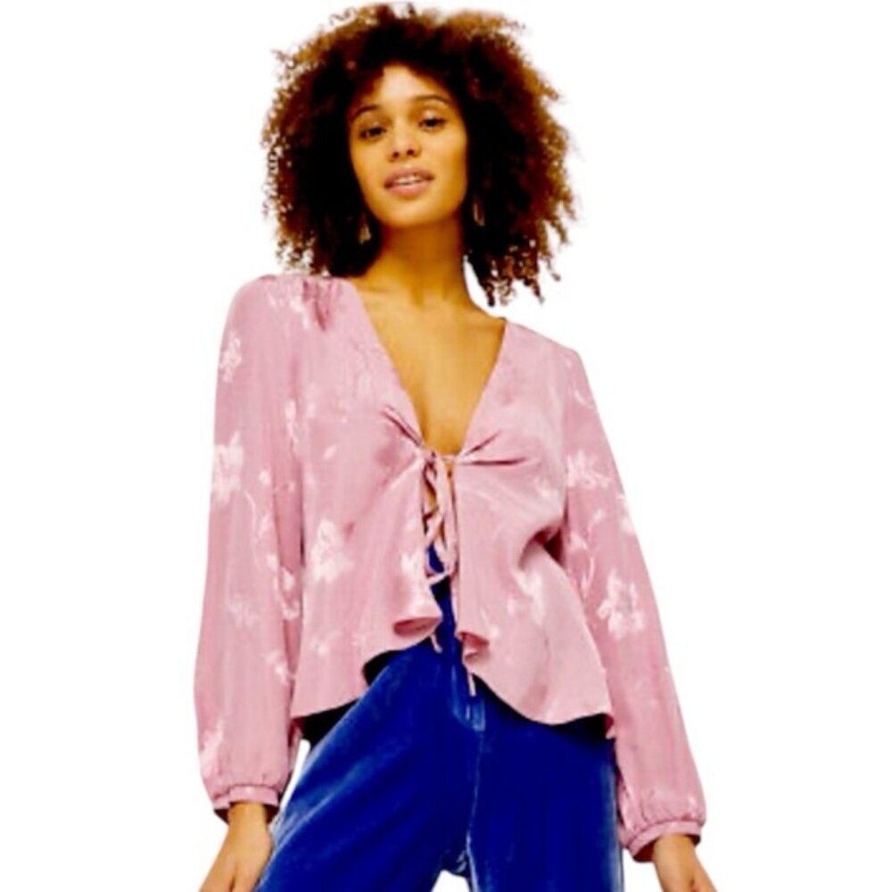 Topshop Women’s Pink Floral Jacquard Tie Blouse Size 4